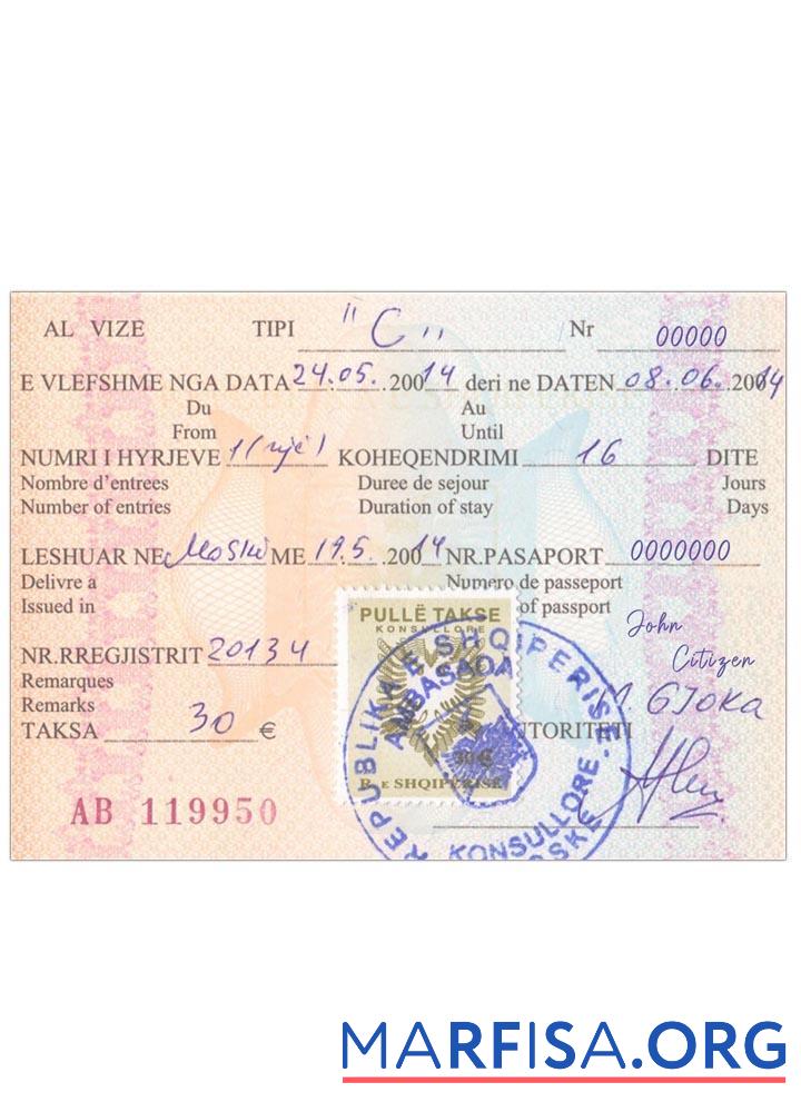 Printable Albania visa sample